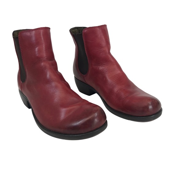 Fly London Shoes - Fly London Red Leather Chelsea Ankle Boots Low Block Heel Size 40